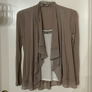INC INTERNATIONAL CONCEPTS LAYERED CARDIGAN SIZE S BEIGE CREAM JEWEL NECKLINE